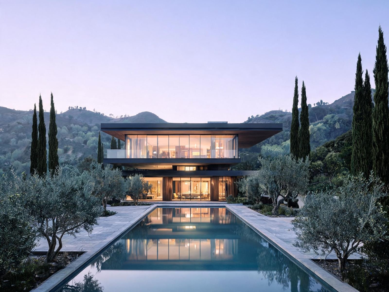 A modern glass home glowing at dusk above a long pool, framed by cypress and olive trees