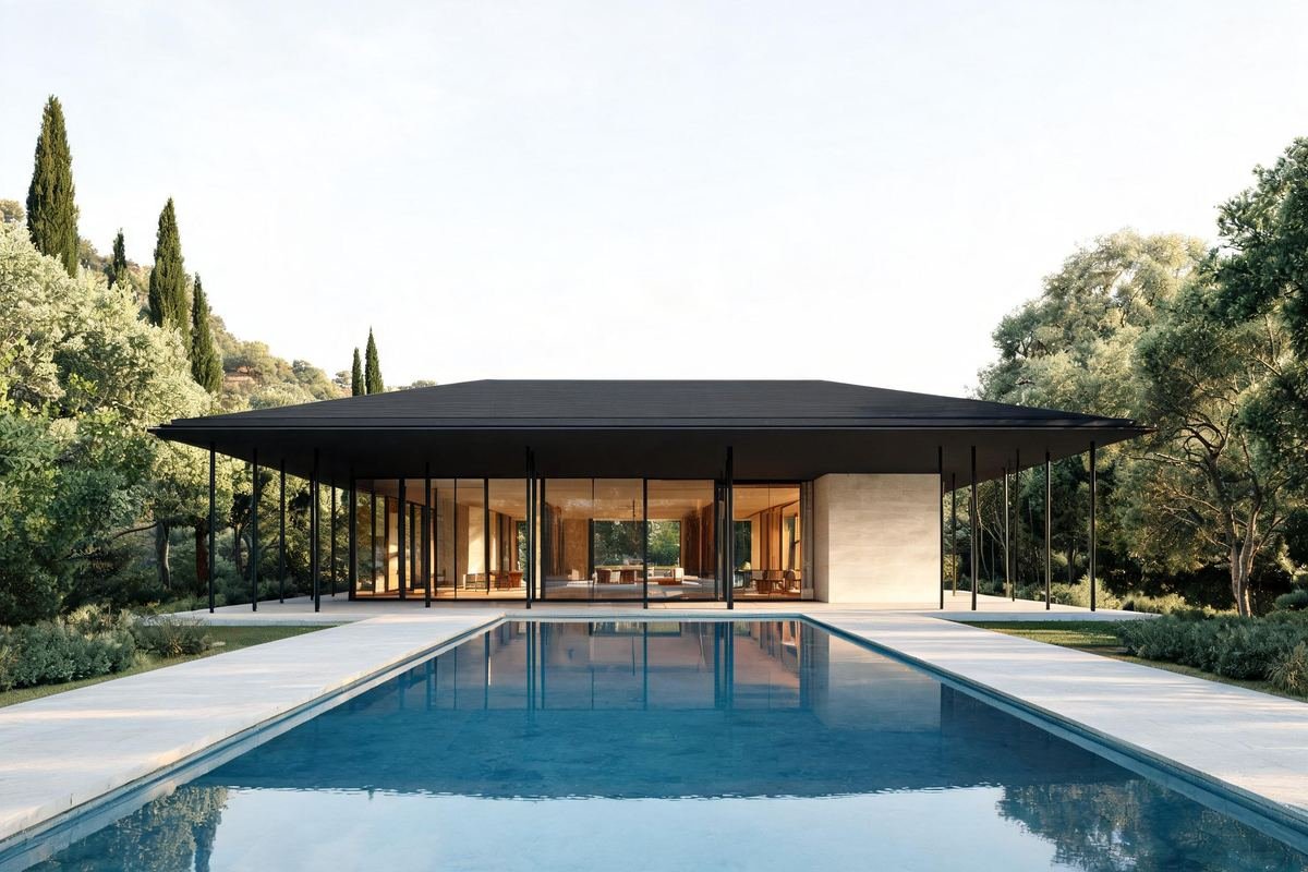 Canyon Pavilion, a single-story glass home behind a long pool in Brentwood