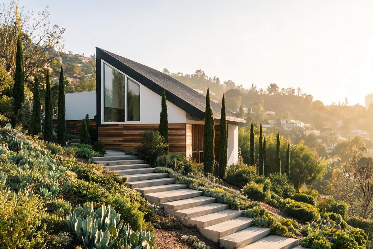 Echo Park Studio House, a sloped-roof hillside home above garden steps