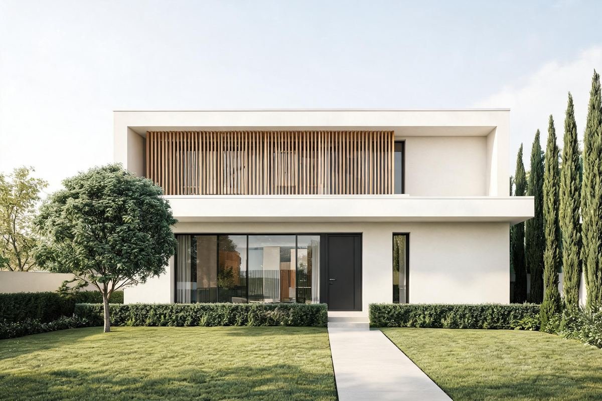Garden Modern, a two-story family home with a wood screen and lawn in Mar Vista