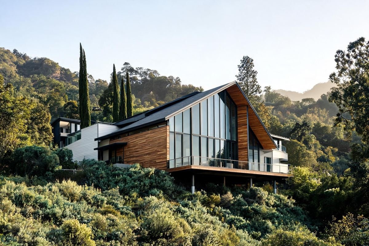 The Laurel Residence, a cedar and glass home with a sloping roof in Laurel Canyon