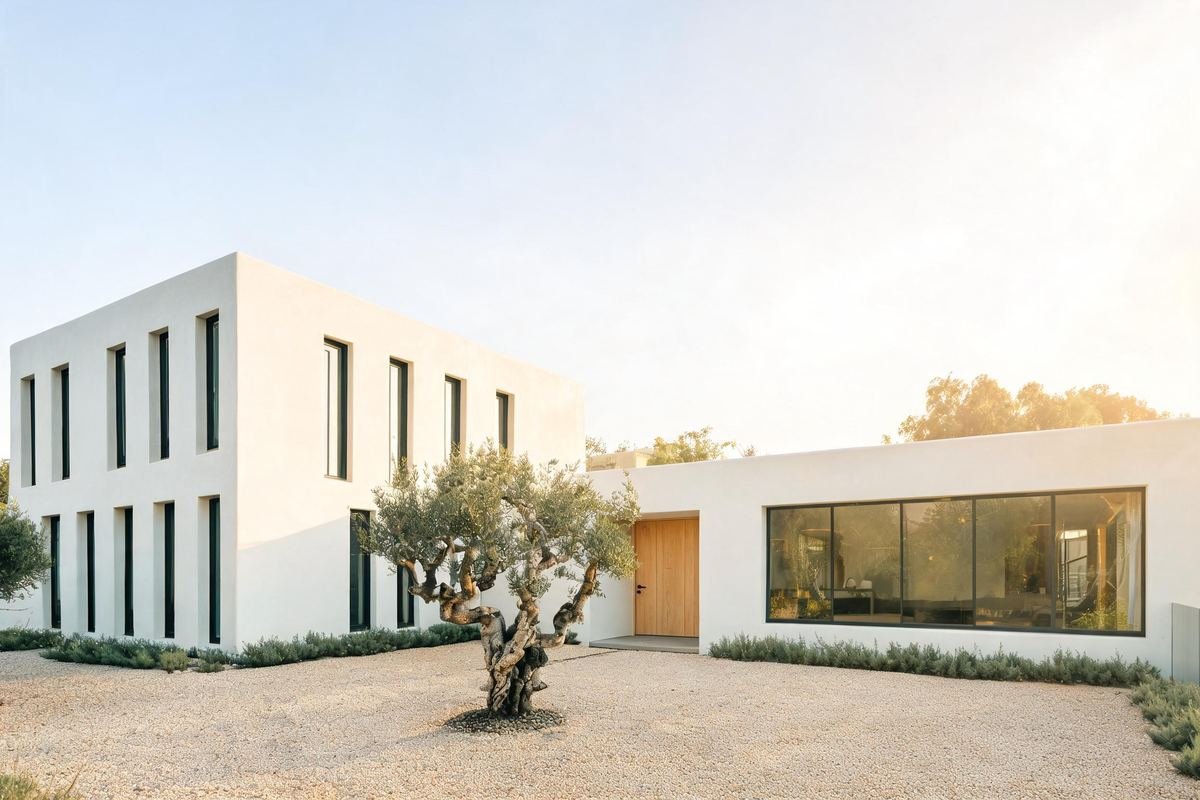 Olive Court, a white courtyard home with an olive tree in Silver Lake