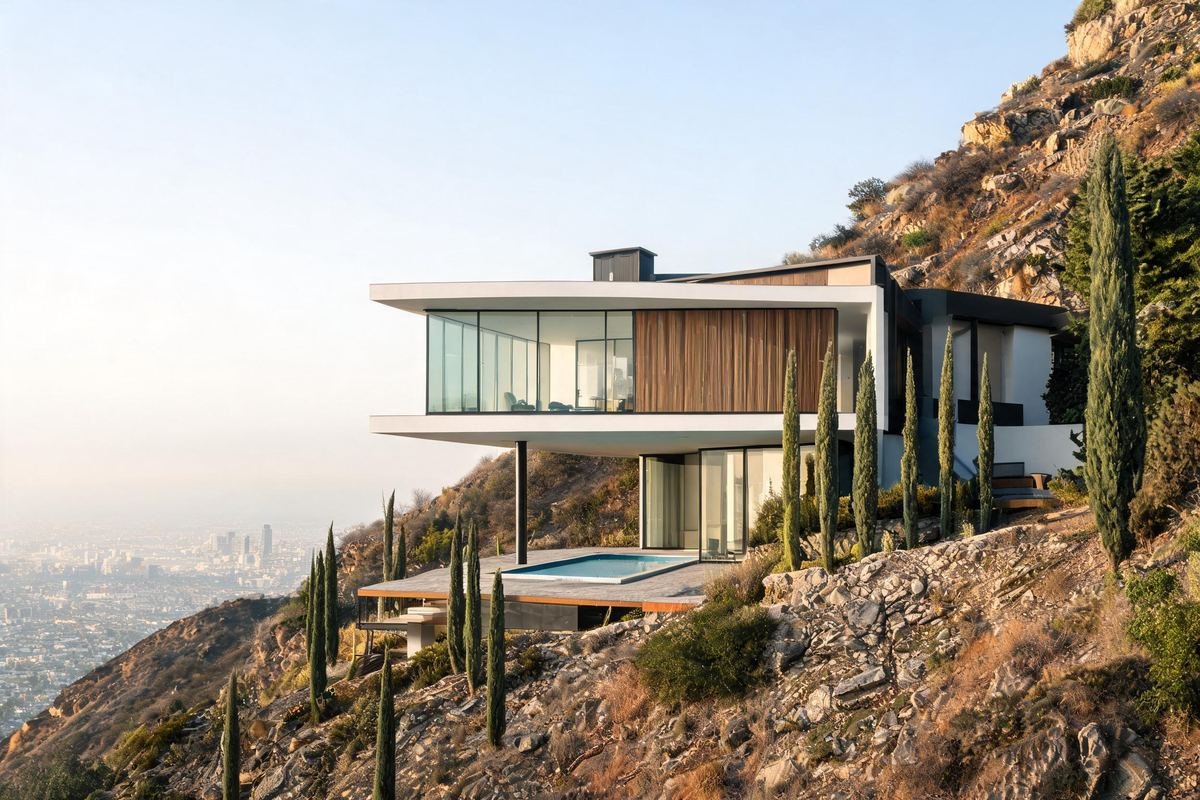 The Skyline House, a cantilevered glass home on a Hollywood Hills slope with city views