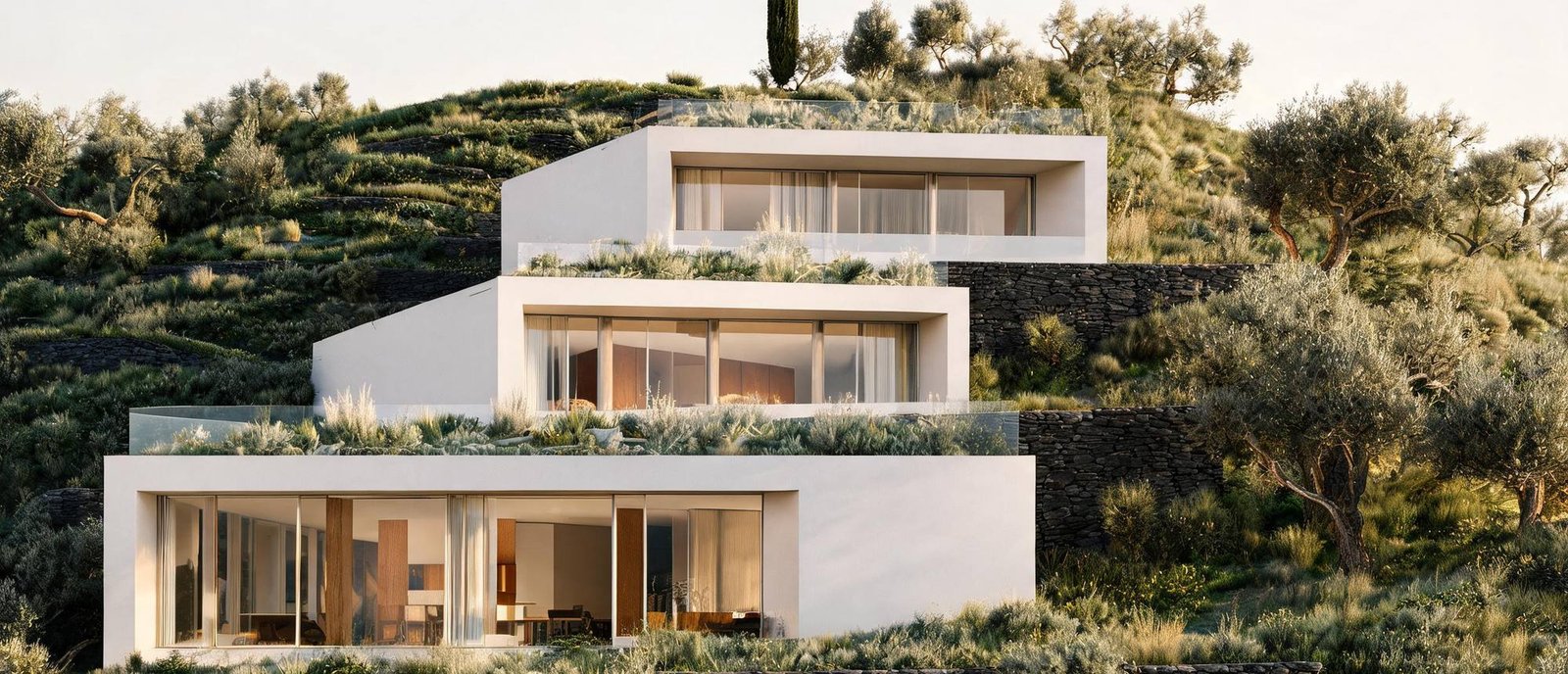 White modern home stepping down a planted Los Feliz hillside at golden hour