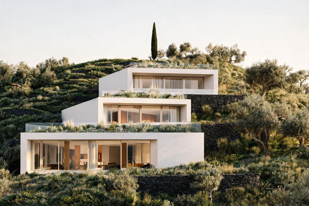 Terrace House, three white levels with planted terraces stepping up a Los Feliz hillside